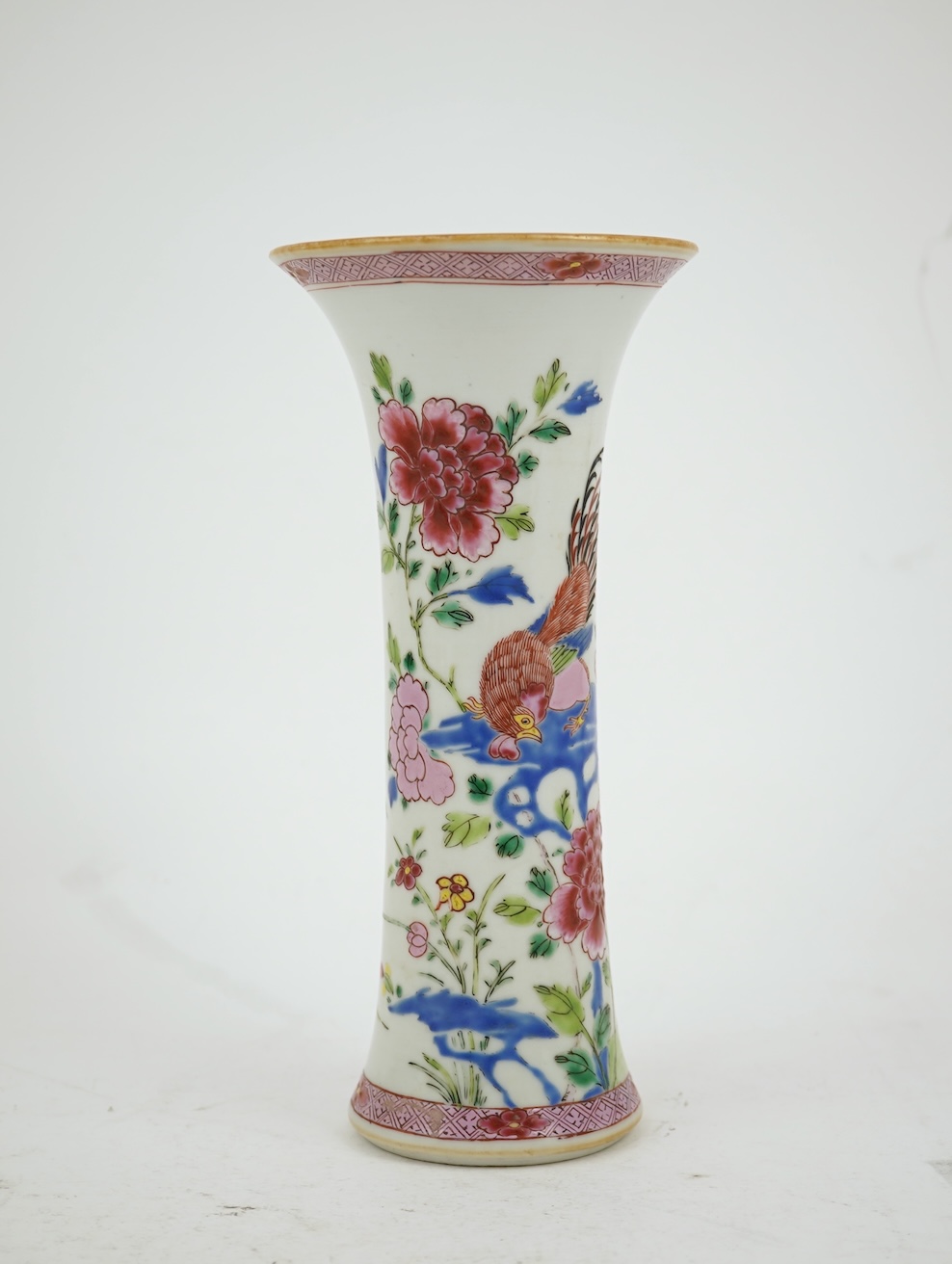 A Chinese famille rose ‘cockerel’ beaker vase, Qianlong period